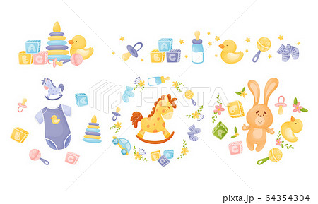 Baby Attributes and Toys with Rattles and Cubes Vector Set 64354304