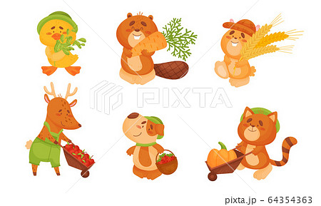 Cartoon Animal Engaged in Crop Harvesting Pulling Carts Full with Vegetables and Fruits Vector Set 64354363