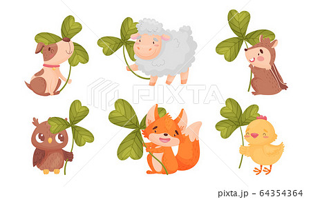Cartoon Animals with Clover Leaf on Stalk Vector Set Cartoon Animals with Clover Leaf on Stalk Vector Set 64354364