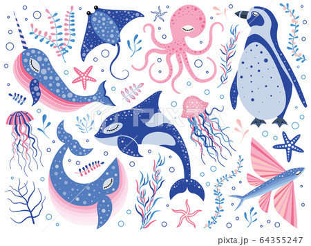 Fairy Tale Northern Ocean Animals Cartoon Set 64355247