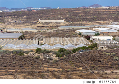Glass greenhouses in the middle of arid landscape, Tenerife coast near El Medano, Canary Islands, Spain, sunny summer day 64355784