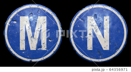 Set of public road sign in blue color with a capitol white letters M and N in the center isolated black background. 3d Set of public road sign in blue color with a capitol white letters M and N in the center isolated black background. 3d 64356971