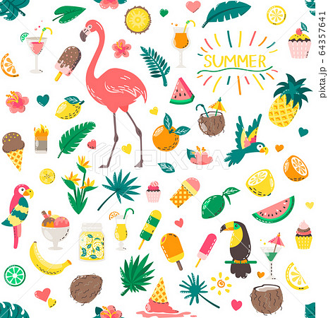 Set of cute summer pattern food, drinks, palm leaves, fruits and flamingo. Bright summertime poster. 64357641