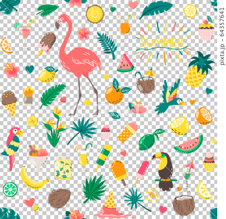 Set of cute summer pattern food, drinks, palm leaves, fruits and flamingo. Bright summertime poster. 64357641