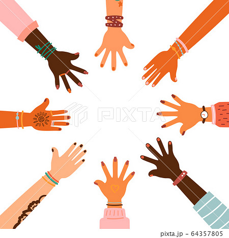 Hands together - set of different races raised up hands. 64357805