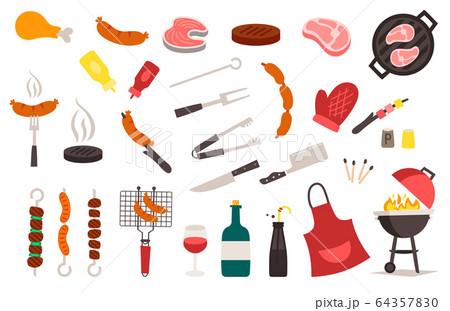 Summer, spring barbecue grill and picnic icons set. Snacks, vegetables, healthy food. Summer, spring barbecue grill and picnic icons set. Snacks, vegetables, healthy food. 64357830