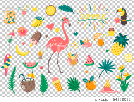 Set of cute summer icons: food, drinks, palm leaves, fruits and flamingo. Bright summertime poster. Set of cute summer icons: food, drinks, palm leaves, fruits and flamingo. Bright summertime poster. 64358032