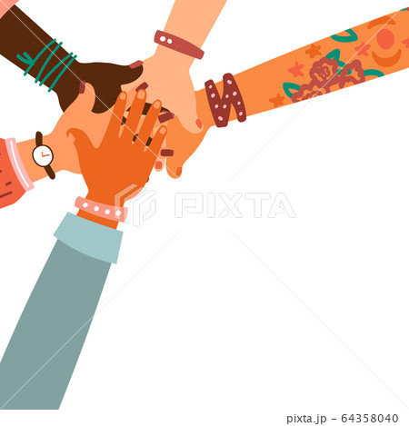 Hands together - set of different races raised up hands. 64358040