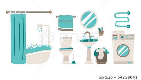 Bathroom interior background template. Modern home, restroom with furniture and hygiene accessories. 64358041