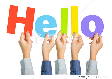 Multiple hands holding colored alphabets to form the word Hello on white background 64358550