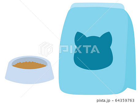 ネコの餌袋と餌皿のイラストのイラスト素材
