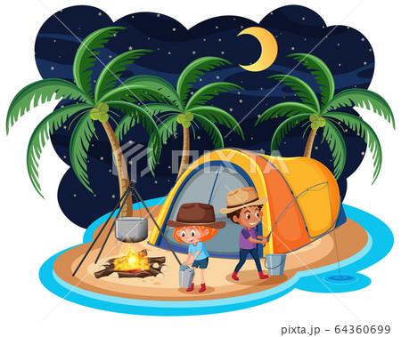 Scene with two kids camping out on the island at Scene with two kids camping out on the island at 64360699