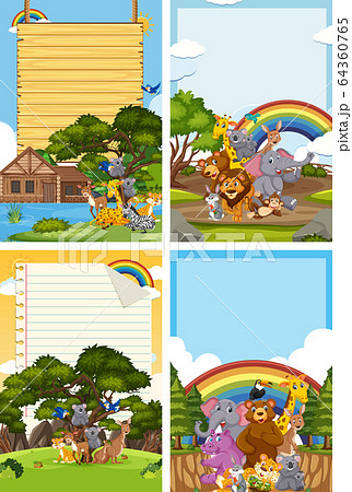 Border template design with many wild animals in 64360765