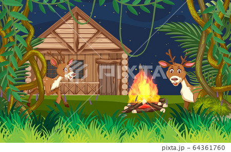 Background scene with deers and wooden cottage in 64361760