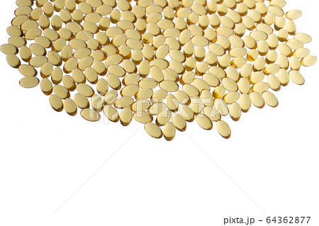 Softgels of Omega-3 on whight background with copy space. Fish oil on a white background. Yellow capsules with medicine. Medical medicament of polyunsaturated fatty acids. Macro top view 64362877