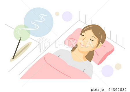 就寝時にお香を焚いて眠る女性 スティック香 スティック型 のイラスト素材