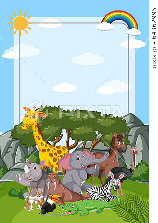 Border template design with many wild animals in 64362995