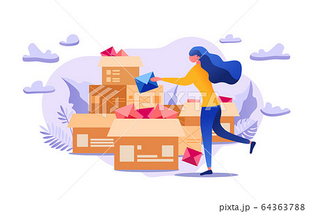 The woman holds an important message and trying to send with post company's help. Allegorical associative vector illustration isolated on white background. For social media, app, banner. The woman holds an important message and trying to send with post company's help. Allegorical associative vector illustration isolated on white background. For social media, app, banner. 64363788