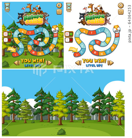Background design for game with animals and forest 64364253