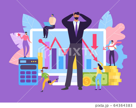 Financial crisis concept, business teamwork vector illustration. Declining chart on computer screen. Stock market workers in panic 64364383