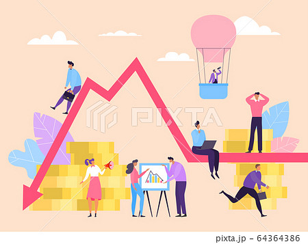 Economic down business crisis, worker panic concept vector illustration. Man and woman on chart looking for ways to solve problem 64364386