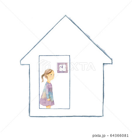 孤独な少女、家と壁時計 64366081
