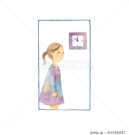 孤独な少女、窓と壁時計 64366087