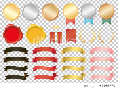シーリングワックスとメダルとリボン素材のセットのイラスト素材
