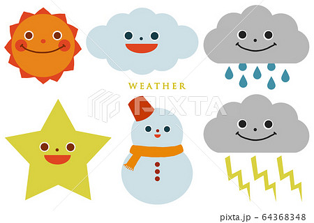 天気 イラスト 絵 晴れ 太陽 曇り 雪 雨 雨雲 星空 星 雪 雪だるま 雷 雷雲のイラスト素材