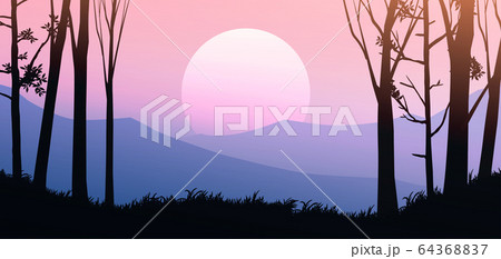 Natural forest mountains horizon hills silhouettes of trees. Sunrise and sunset. Landscape wallpaper. Illustration vector style. Colorful view background. Natural forest mountains horizon hills silhouettes of trees. Sunrise and sunset. Landscape wallpaper. Illustration vector style. Colorful view background. 64368837