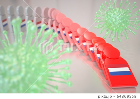 Viruses and falling dominoes with flag of the Netherlands. Coronavirus spread conceptual 3D rendering Viruses and falling dominoes with flag of the Netherlands. Coronavirus spread conceptual 3D rendering 64369558