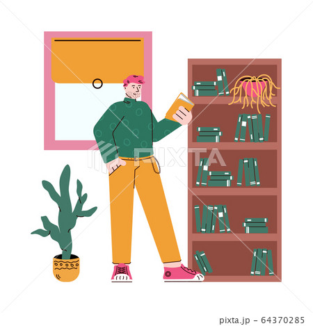 Cartoon man standing by bookshelf and reading a book by cozy home furniture 64370285