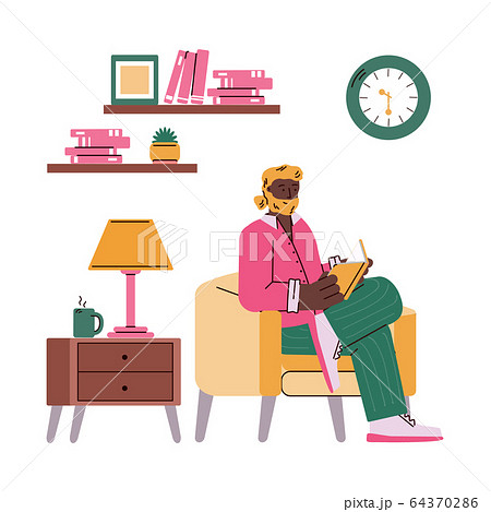 Cartoon man reading a book in chair in isolated cozy home interior Cartoon man reading a book in chair in isolated cozy home interior 64370286