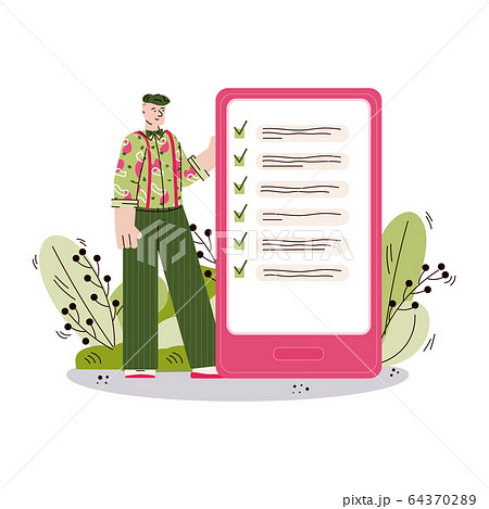 Cartoon man looking at finished to do list on smartphone screen and smiling 64370289