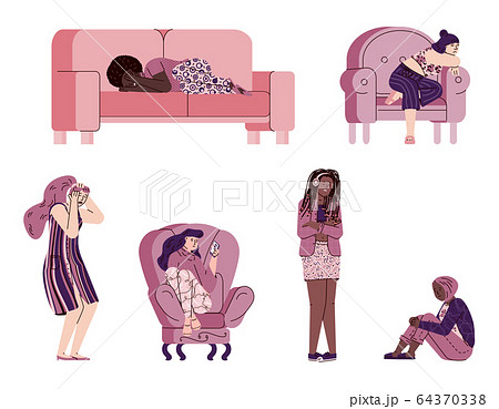 Stressed girls or women cartoon characters, flat vector illustration isolated. 64370338