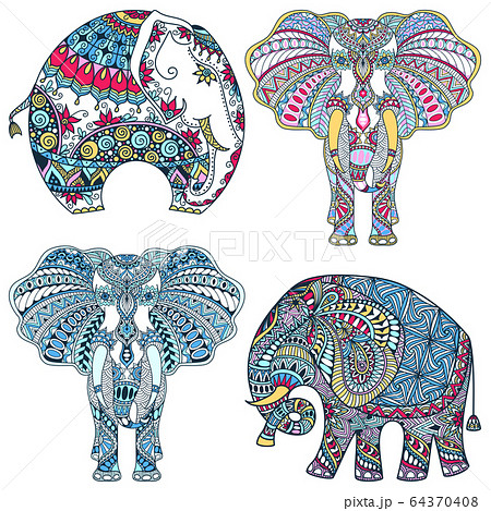 Vector Set Of Decorated Indian Elephantのイラスト素材