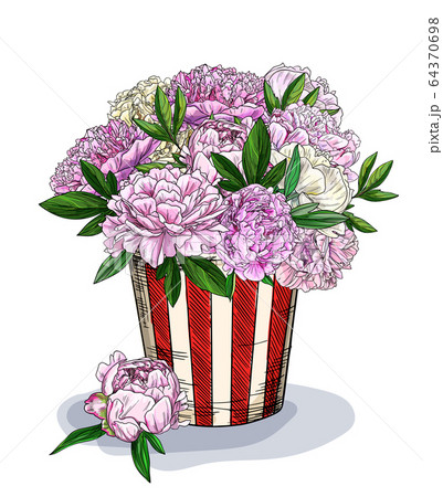 Lush bouquet of peonies in striped pop corn basket 64370698