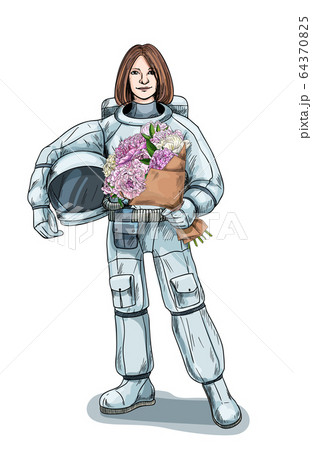 Astronaut holding the helmet and the lush bouquet 64370825