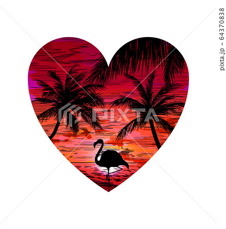 Heart Shape With Beach Sunset Flamingo And Palmsのイラスト素材 64370838 Pixta