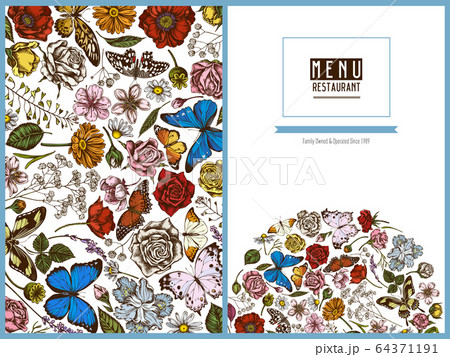 Menu cover floral design with colored shepherd's purse, heather, iris japonica, sakura, gypsophila, chamomile, almond, poppy flower, calendula, blue morpho, lemon butterfly, red lacewing, african Menu cover floral design with colored shepherd's purse, heather, iris japonica, sakura, gypsophila, chamomile, almond, poppy flower, calendula, blue morpho, lemon butterfly, red lacewing, african 64371191