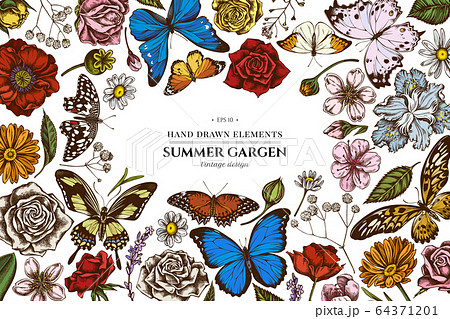Floral design with colored shepherd's purse, heather, iris japonica, sakura, gypsophila, chamomile, almond, poppy flower, calendula, menelaus blue morpho, blue morpho, lemon butterfly, red lacewing 64371201
