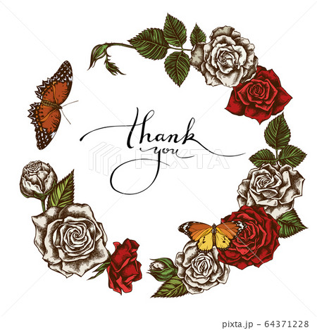 Floral Wreath of colored red lacewing, plain tiger, roses 64371228