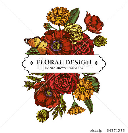 Floral bouquet design with colored poppy flower, calendula, plain tiger, roses Floral bouquet design with colored poppy flower, calendula, plain tiger, roses 64371236