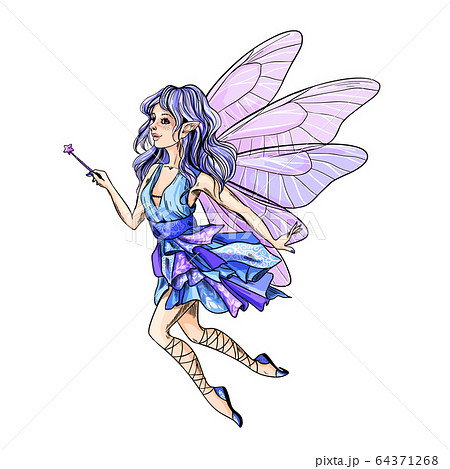 Cute Blue Hair Fairy With Pink Wings And Wand Stock Illustration