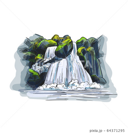 Color sketch, waterfall between stones, hand drawn 64371295