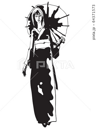 Japanese girl in kimono. Black and white hand drawn illustration. 64371573