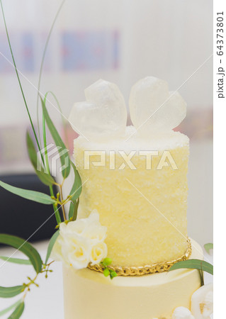 White Cream Icing Cake with Fruits and Chocolate. 64373801