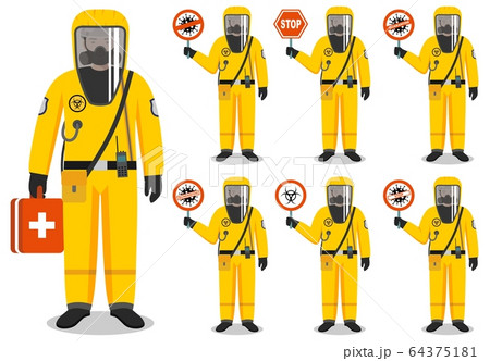 Medical concept. Illustration of standing doctor holds warning coronavirus sign. Man in protective suit and mask. Dangerous profession. Virus, infection, epidemic, quarantine. Safety and health icons. 64375181