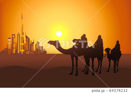 Camel riders in the desert near Dubai city Camel riders in the desert near Dubai city 64376232