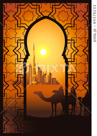 Camel riders in the desert near Dubai city in the 64376233